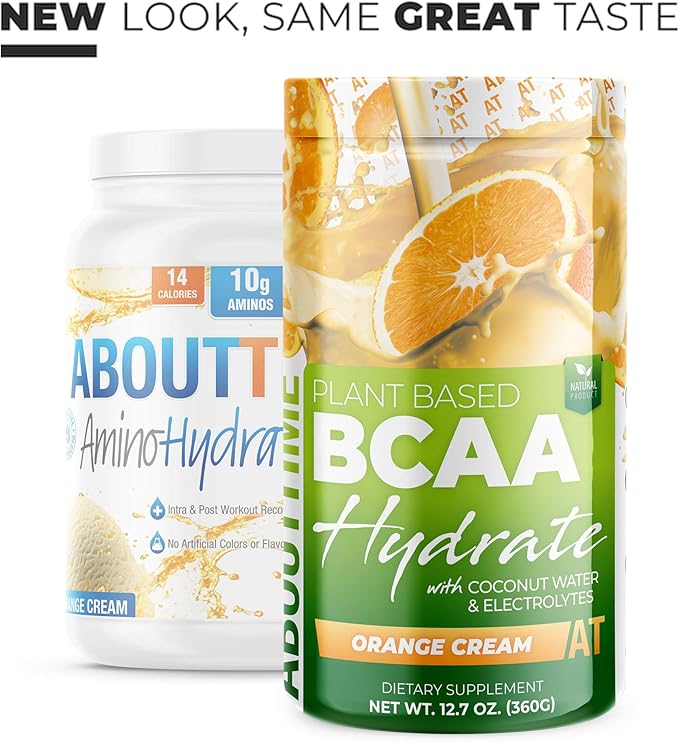 About Time Plant Based BCAA Hydrate Clear with L-Glutamine & Electrolytes (Non-GMO, Gluten Free, Monk Fruit) - Orange Cream, 20 Servings