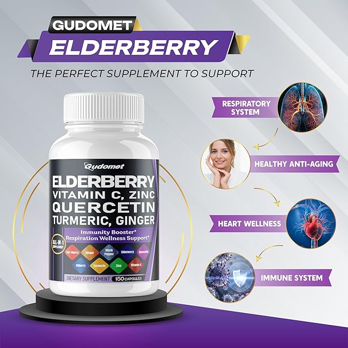 Elderberry Quercetin Bilberry Turmeric Tart Cherry Ginger Vitamin C Vitamin D3 Zinc Black Pepper -150 Capsules- Made in USA