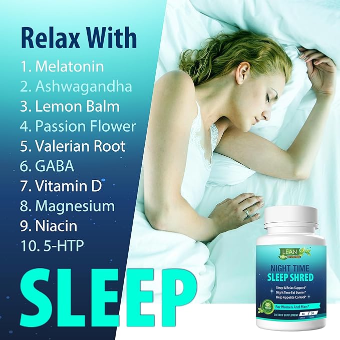 Weight Loss Sleep Aid Night Time Shred Fast Fat Burner, Melatonin L-theanine Cla Ashwagandha Valerian Root 5HTP Pill, Appetite Suppressant Metabolism Booster Calm Supplement for Women Men, 60 Capsule