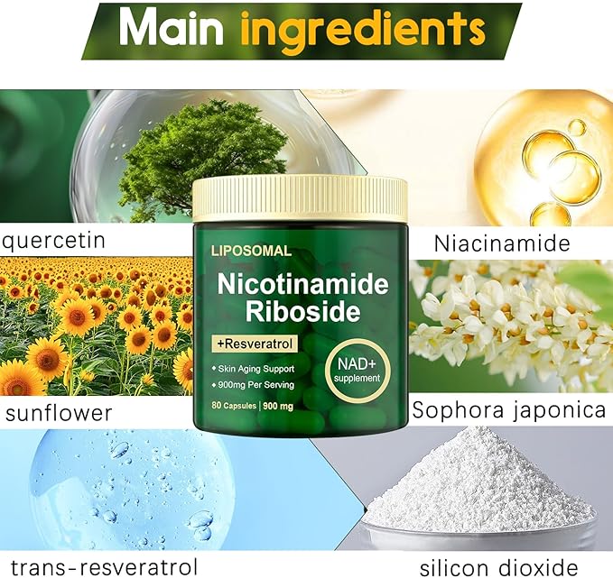 Nicotinamide Riboside, Liposomal Nicotinamide Riboside 900mg Resveratrol Quercetin Supplement for Anti Aging, Vitality, Energy, Focus, 80 Capsules Blue 1bottle