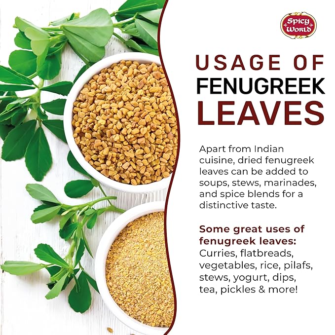 Spicy World Dried Fenugreek Leaves (Kasoori Methi) 3.5oz Box (100g) - All Natural | Vegan | Gluten Friendly | NON-GMO | Indian