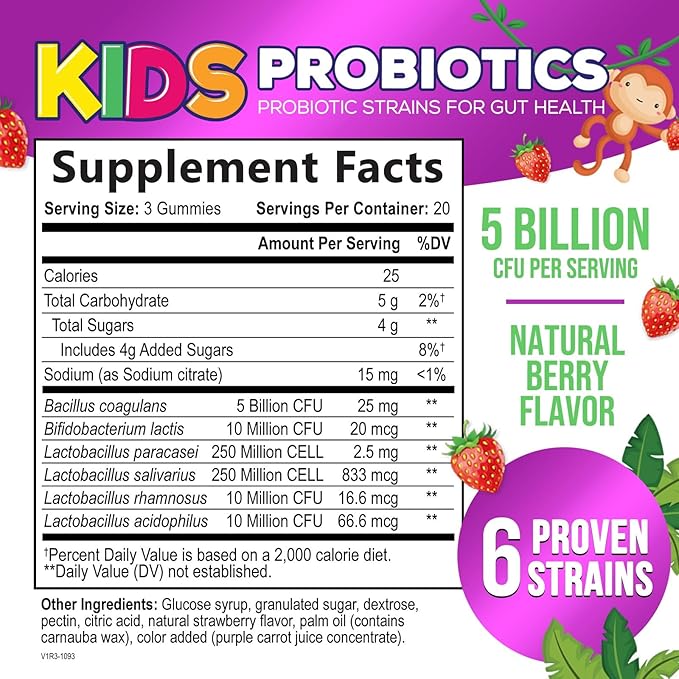 Kids Probiotic Gummies - Chewable Daily Probiotics for Kids Ages 3+ - Natural Digestive Health & Immune Support Vitamin - Vegan, Gluten Soy & Dairy Free, Berry Flavored, Shelf Stable - 60 Gummies