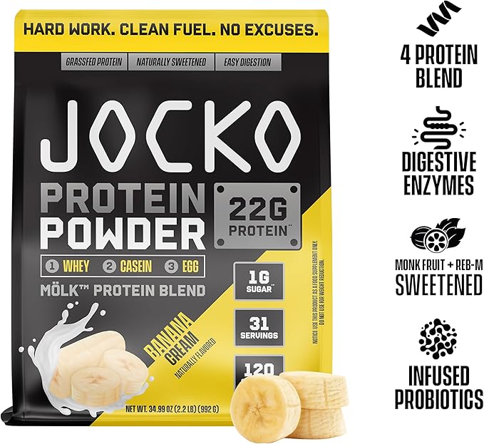 Jocko Fuel Mölk Whey Protein Powder 22g Low Sugar Monk Fruit Blend - Muscle Recovery & Growth, Packaging May Vary (31 Servings, Banana Cream)