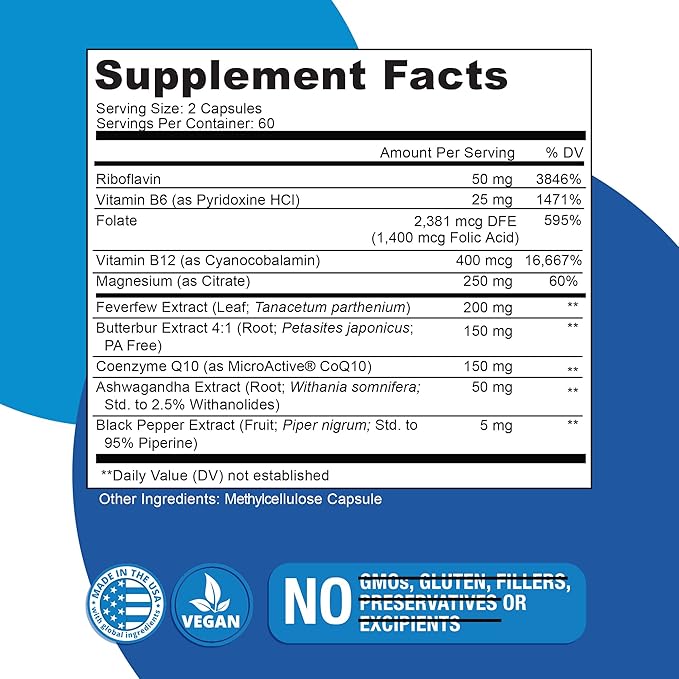 Migratone Migraine Relief - Natural Headache Relief Vitamin - Migraine Supplement with PA - Free Butterbur, Magnesium, Vitamin B2 B6 and B12, Microactive CoQ10 and Feverfew - Migraine Clinic's Choice