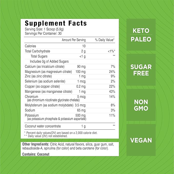 Vitamin Hydrate Electrolyte Hydration Mix, Electrolytes Powder, Supports Hydration with Coconut Water, Keto Friendly, Vegan, Sugar Free, Lemon Lime, 30 Servings