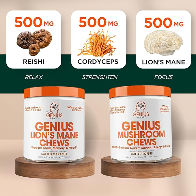Genius Lion's Mane Soft Chews Supplement – Nootropic Mushroom for Focus, Clarity, Memory, Energy, Brain Health Support – Salted Caramel Flavor