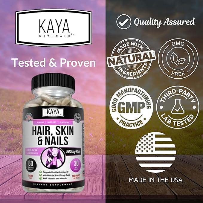 Kaya Naturals Hair Skin Nail Capsules BIOTIN Vitamin D Vitamin B-12 A Folic Acid Support, Hair Support Vitamin Supplement