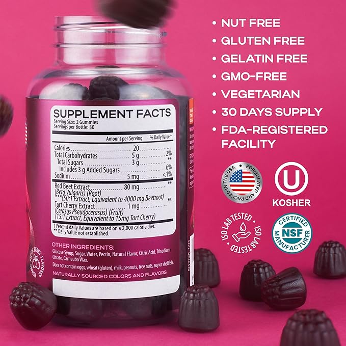 Beet Chews for High Blood Pressure - Beet Root Gummies with Tart Cherry - Nitric Oxide Supplements for Energy, Cardio Health - Vegan, No GMO, Pectin Based - for Women and Men