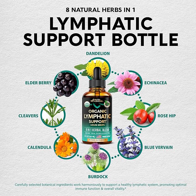 USDA Organic Lymphatic Drainage Supplement - Echinacea | Elderberry | Dandelion | Rosehip | Cleavers | Calendula | Burdock - Made in USA - Lymph System Drops - Immune Support, Cleanse & Detox, 2 fl oz