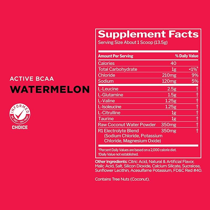 Rule 1 Active BCAA - Performance, Hydration, and Recovery Support with 5g BCAAs + Electrolytes, L-Glutamine, and Citrulline (30 Servings, Watermelon)