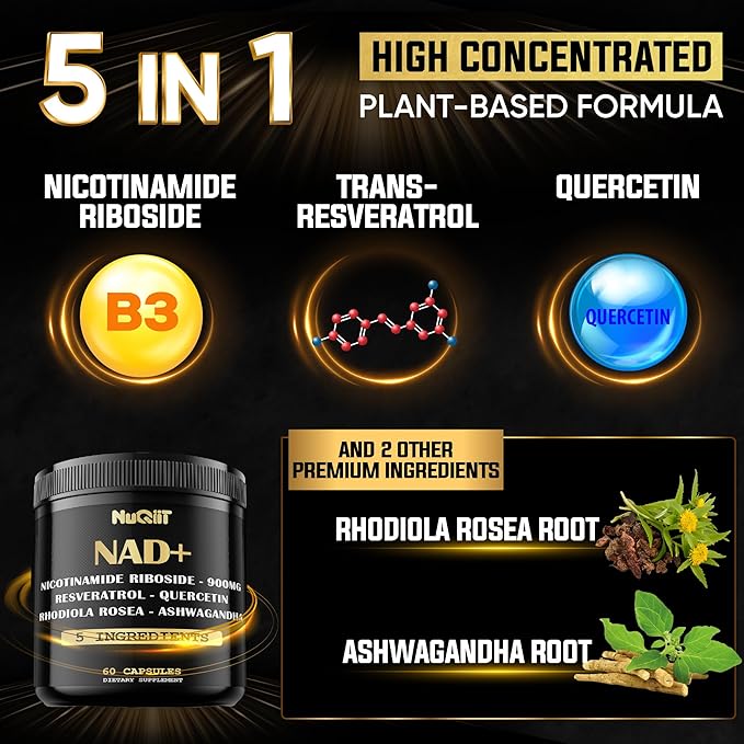 NAD+ Supplement with Nicotinamide Riboside, Resveratrol, Quercetin, Turmeric, Rhodiola Rosea - 60 Count