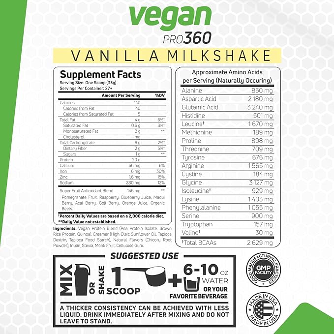 Forzagen Vegan Protein 360 2 Lbs 27 Servings, Plant Based Protein Extracted from Quinoa, Brown Rice and Pea Isolate Protein, Dairy, Soy and Gluten Free, Nom GMO (Vanilla Milkshake)