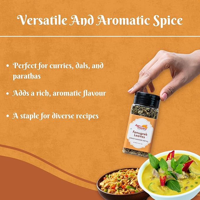 Agro Mantra natural and organic Fenugreek Leaves (Dried Kasoori Methi) 0.6 oz (17g) All Natural, Salt-Free, Vegan, No Colors, Gluten Free, NON-GMO, Indian geotag product