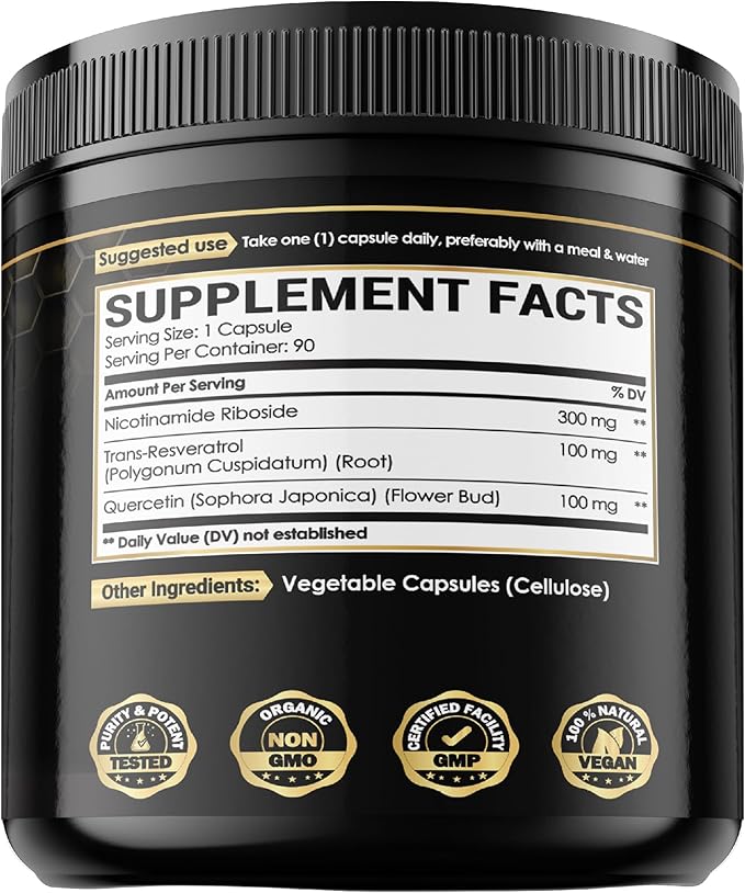 NAD+ Supplement with Nicotinamide Riboside, Resveratrol, Quercetin - 90 Count - 90 Days Supply