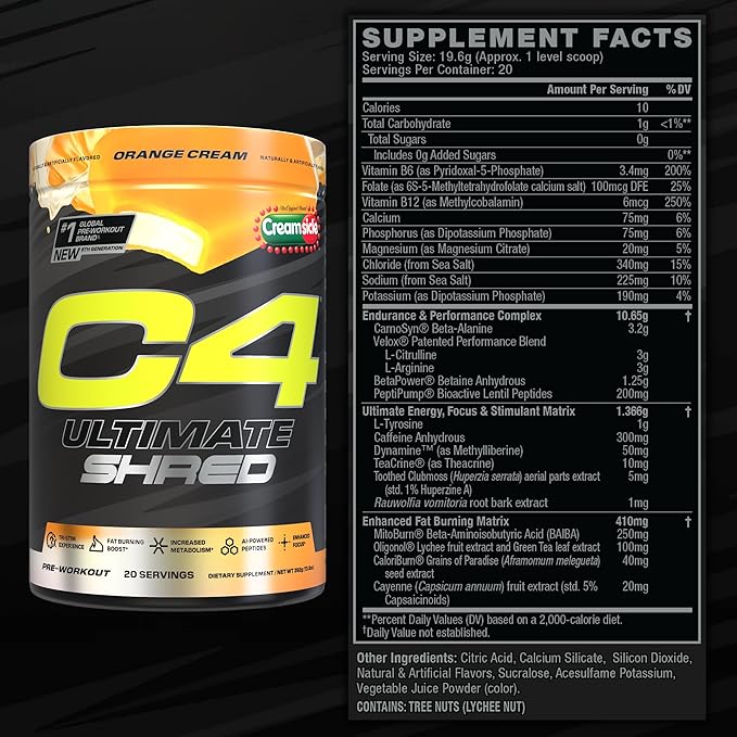Cellucor C4 Ultimate Shred Pre Workout Powder, Metabolism Supplement with Cayenne Extract+300mg Caffeine+TeaCrine+Dynamine - Orange Creamsicle, 20 Servings