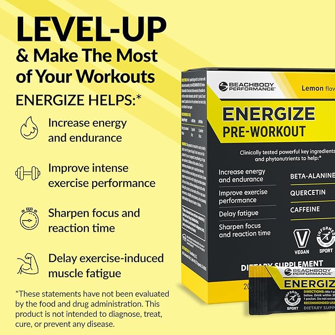 BODi Energize Pre Workout Powder - Beta-Alanine, Quercetin & Low-Dose Caffeine Formula for Enhanced Energy & Focus, Increase Energy & Endurance Supplement, Lemon Flavored, 20 Sticks