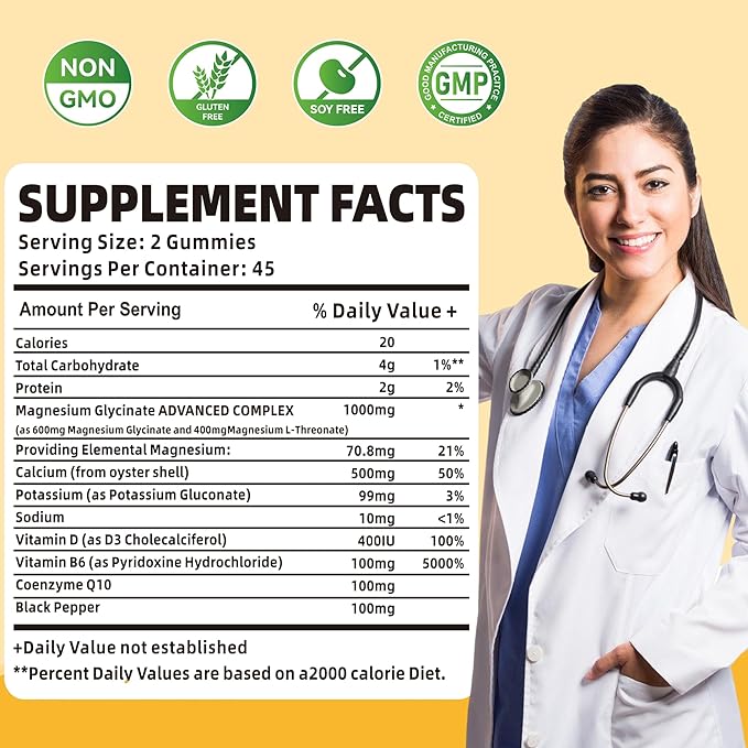 Magnesium Glycinate Gummies 1000mg - Sugar Free Magnesium Potassium Supplement with Vitamin D, B6, CoQ10 for Calm Mood & Sleep Support - 180 Mango Pineapple