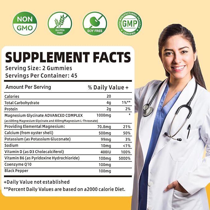 90 CT Magnesium Glycinate Gummies 1000mg - Sugar Free Magnesium Potassium Supplement with Vitamin D, B6, CoQ10 for Calm Mood & Sleep Support - 90 Mango Pineapple Gummies