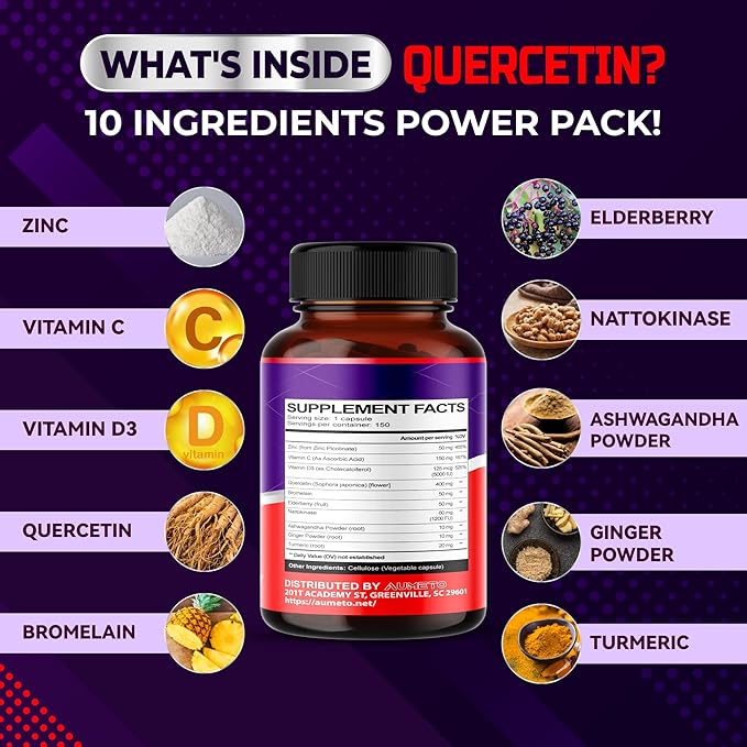 Zinc Quercetin Immune Support with VIT C VIT D3 Bromelain Elderberry Turmeric Echinacea Ashwagandha Ginger 150 Days Supply (150 Count (Pack of 1))