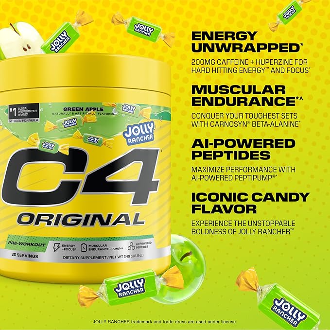 Cellucor C4 Original Pre Workout – Jolly Rancher Green Apple - Pre-Workout for Endurance, Focus & Performance with 200mg Caffeine, Beta-Alanine, Creatine Nitrate, L-Arginine & PeptiPump – 30 Servings