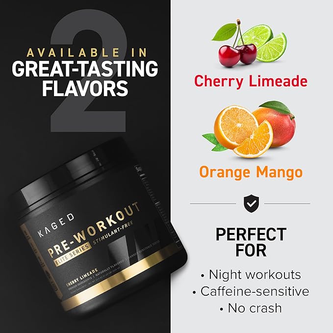 Kaged Pre Workout Powder Pre-Workout Elite Stim-Free for Men & Women, Power, Stamina, Focus, Pumps, L-Citrulline, Beta Alanine, Creatine, Caffeine-Free, Cherry Limeade, 20 Servings