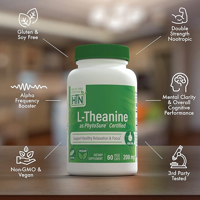 Health Thru Nutrition L-Theanine 200mg 60 Vegecaps PhytoSure Certified | Supports Healthy Relaxation & Focus | 3rd Party Tested | Clean Label, Non-GMO, Gluten & Soy Free, Hypoallergenic