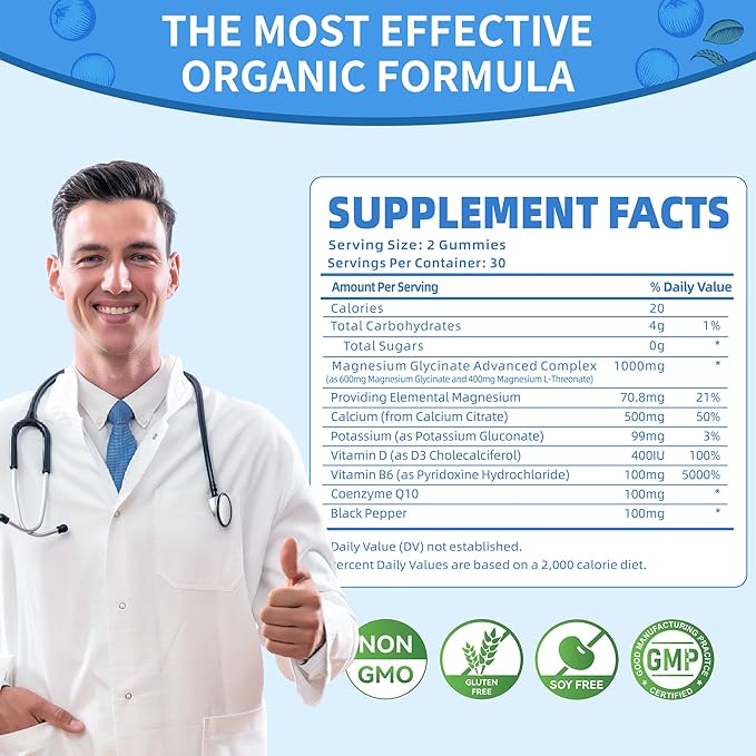 Magnesium Glycinate Gummies 1000mg - Sugar Free Magnesium Potassium Supplement with Vitamin D, B6, CoQ10 for Calm Mood & Sleep Support - 60 Blueberry Gummies -1 Pack