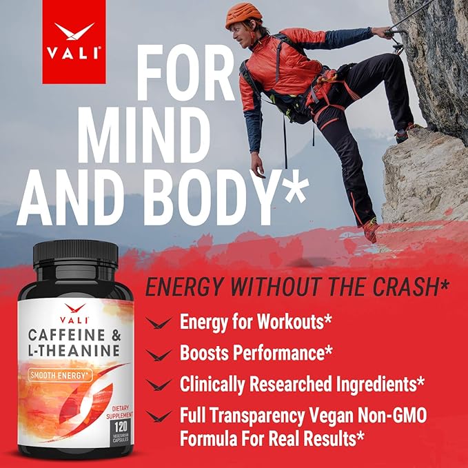 VALI Caffeine 50mg & L Theanine 100mg - Caffeine Pills & L-Theanine for Smart Smooth Energy & Focus Supplement. Nootropic Brain Booster Cognitive Support Stack & Focused Clarity. 120 Veggie Capsules