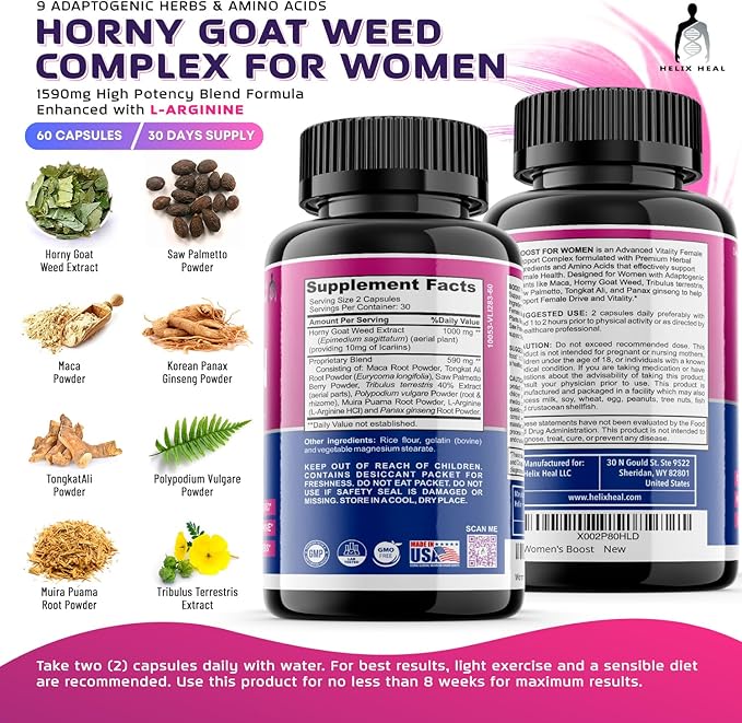 Libido Booster for Women Fast Acting with Horny Goat Weed - Female Desire Pills with Maca Root, Tribulus Terrestris, Ginseng and Hornygoatweed Women - Hormone Balance, Made in USA (60 ct)