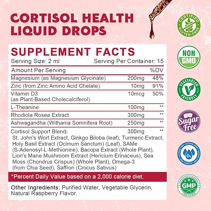 Cortisol Supplement Liquid Drops, Cortisol Supplements with Magnesium Complex, Rhodiola Rosea, L-Theanine, Ashwagandha for Balanced Cortisol, Hormone Balance and Mood Support (2 Pack, 1 Fl Oz)