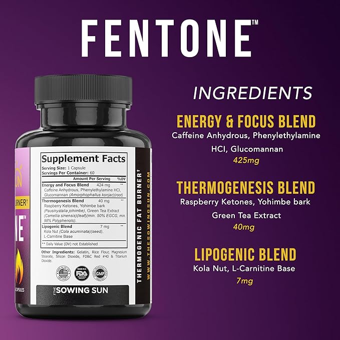 Fentone Thermogenic Fat Burner Energy Booster, Appetite Suppressant, Clinically Studied Weight Loss, Fat Burning, Phenylethylamine HCl, L- Carnitine, Ketones - 60 Diet Pills (1)