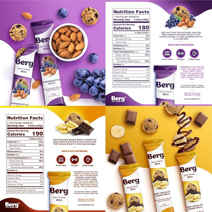 Berg Oat N' Energy Bites - Variety - Non-GMO, Gluten Free, Dairy Free, Soy Free and Vegan - Clean Energy Snack - 1.5oz, (8 Pack)