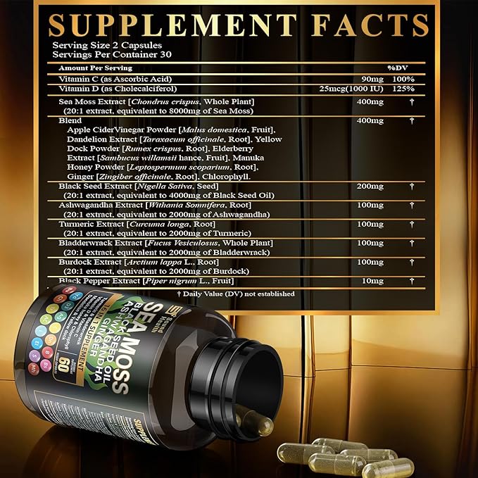 Sea Moss Capsules, Featuring 8000mg Sea Moss, 4000mg Black Seed, Teaming up with 2000mg Ashwagandha, Turmeric, Burdock, and Augmented with Vitamin C and Vitamin D3(30 Days)