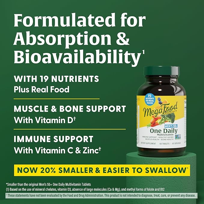 MegaFood Men's 55+ One Daily - Multivitamin for Men with Vitamin B12, C, D & Zinc - Optimal Aging & Immune Support Supplement - Vegetarian - Made Without 9 Food Allergens - 90 Tabs