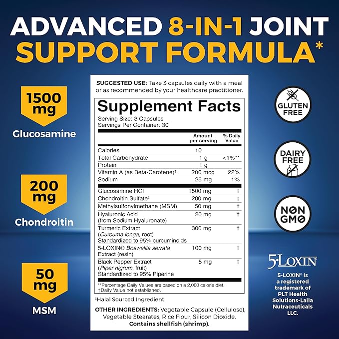 Glucosamine Chondroitin MSM Joint Support Supplement, 90 Capsules - with Turmeric, Black Pepper, Boswellia and Hyaluronic Acid - Joint Health Supplement for Mobility, Flexibility and Comfort