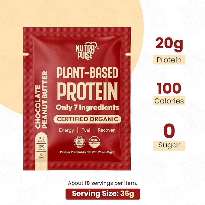 Chocolate Peanut Butter Vegan Protein Powder Sample Pack – 36g Organic Plant-Based Protein Gluten-Free, Dairy-Free, Soy-Free – Clean, Bloat-Free, Smoothie Ready – 24 Single Servings