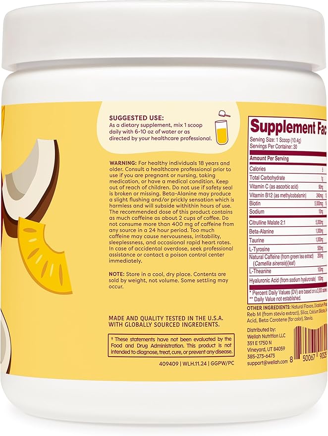 Wellah Get-Going Pre-Workout Drink Mix (Pina Colada Flavored, 30 Servings)