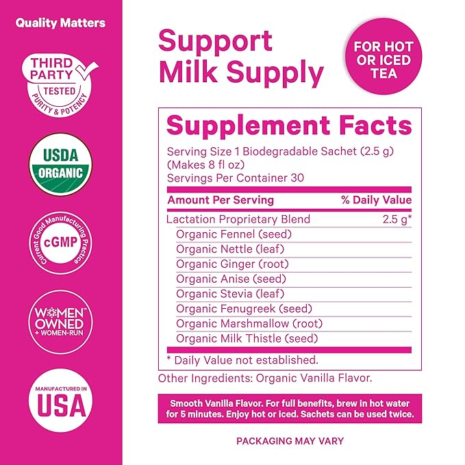 Pink Stork Organic Lactation Support Tea for Breast Milk Supply - Fenugreek, Milk Thistle, + Fennel - Breastfeeding Essentials, Caffeine-Free - Hot or Iced - 15 Sachets, Smooth Vanilla