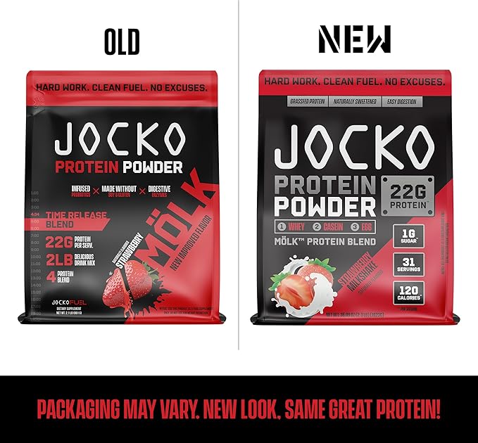 Jocko Fuel Mölk Whey Protein Powder 22g Low Sugar Monk Fruit Blend - Muscle Recovery & Growth, Packaging May Vary (31 Servings, Strawberry Milkshake)