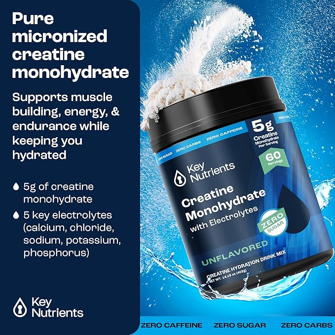 KEY NUTRIENTS Creatine Monohydrate Powder + Electrolytes, 5000mg Creatine Powder, Micronized Creatine Monohydrate, Creapure Creatine for Muscle Building & Workout Recovery - 60 Servings, Made in USA