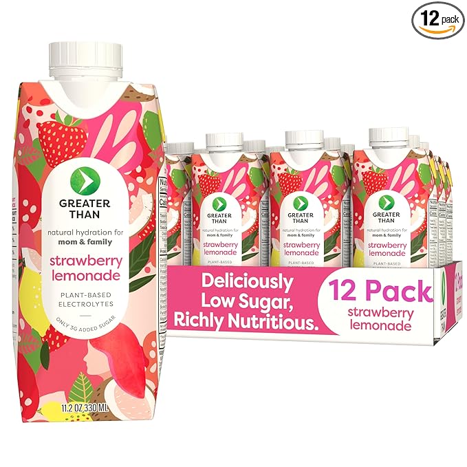 Greater Than Lactation Supplement Support, Coconut Water, Vitamins & Electrolyte Drink for Breastfeeding & Immune Support, Lactation Cookies Alt, Gluten Free, Low Sugar, 12 Pack, Strawberry Lemonade