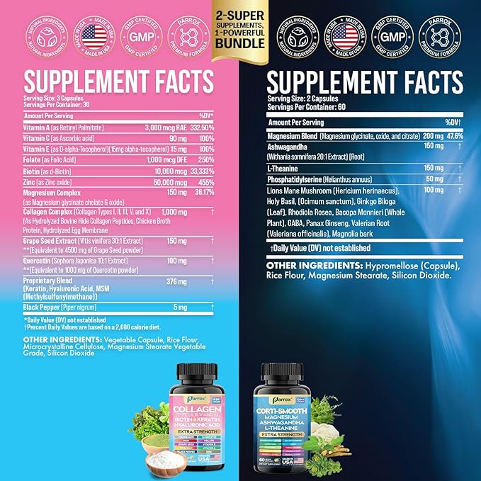 Shining Serenity Set, Cortisol Support with Ashwagandha, L-Theanine, Magnesium, Lions Mane, GABA, Bacopa Monnieri, Collagen I, II, III, V, X, Folate, Biotin, Keratin, Hyaluronic Acid, Quercetin