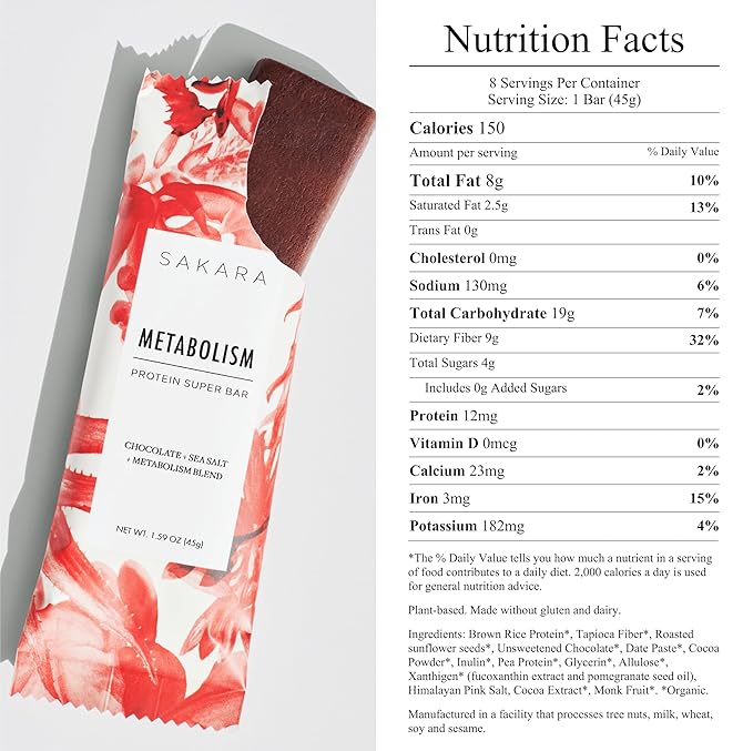 Sakara Metabolism Protein Super Bar - Sea-Salt Chocolate Protein Bar, Clean Protein Bars, 12g Plant Based Protein, Pre Post Workout Energy Bar