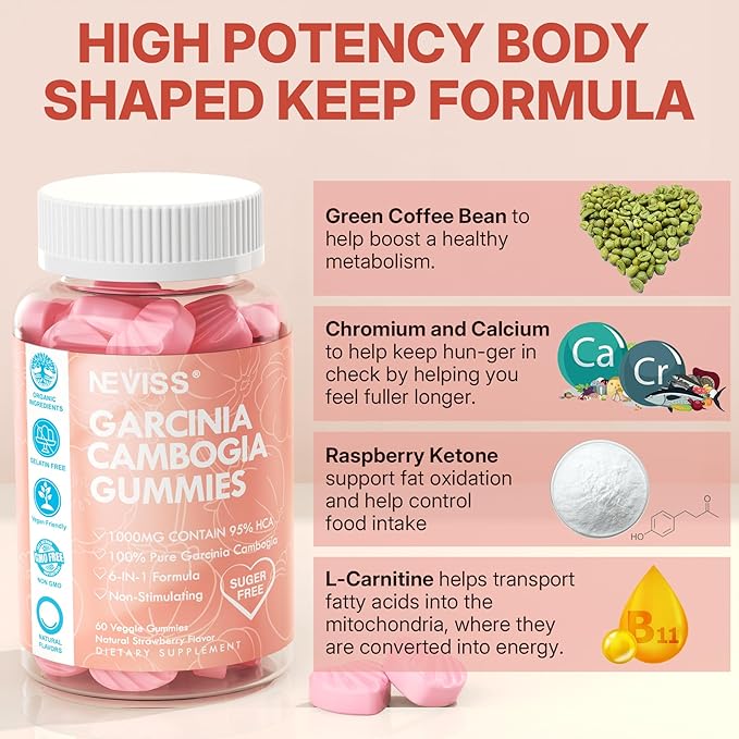 Sugar Free Garcinia Cambogia Gummies 1000mg 95% HCA Pure Extract with L-Carnitine, Raspberry Ketone, Chromium, Green Coffee Bean for Metabolism, 100% Organic Extract, Vegan, Strawberry Flavor 60 Cts