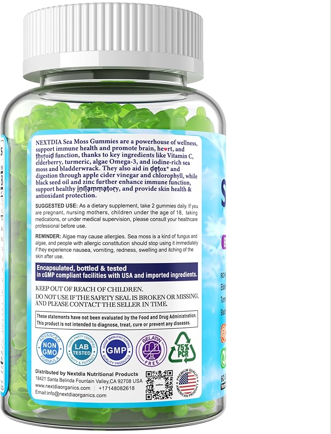 Sea Moss Gummies + Omega-3 Vegan for Man Women, Organic Irish Seamoss Supplement w/Ashwagandha, Turmeric, Elderberry, Vitamins D3, B12, C, Burdock Root, Bladderwrack, for Brain, Energy, Immunty, 60Cts