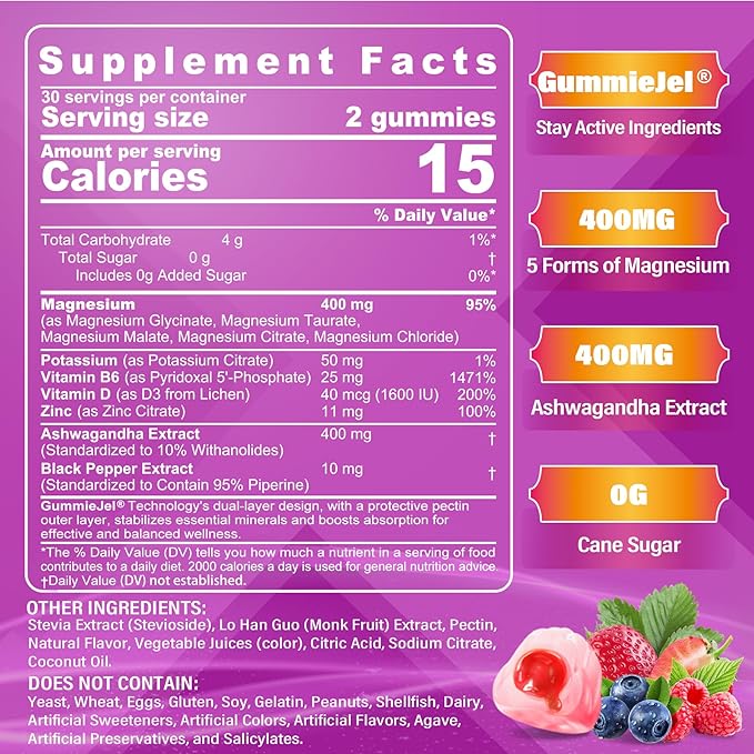 Sugar-Free Magnesium Gummies 400mg | Made in USA | 5-in-1 Complex: Glycinate, Citrate, Malate, Chloride & Taurate | with Ashwagandha, Vitamin D3 & Zinc | Muscle, Mood & Energy Support | Vegan, 60Cts