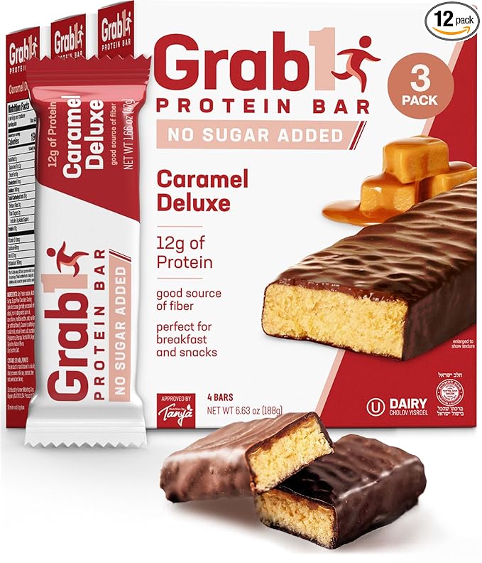 Grab1 Sugar Free Protein Bars, Caramel Deluxe (3 Pack- 12 Bars) | Delicious and Nutritious | Low Calorie | Only 1g Sugar