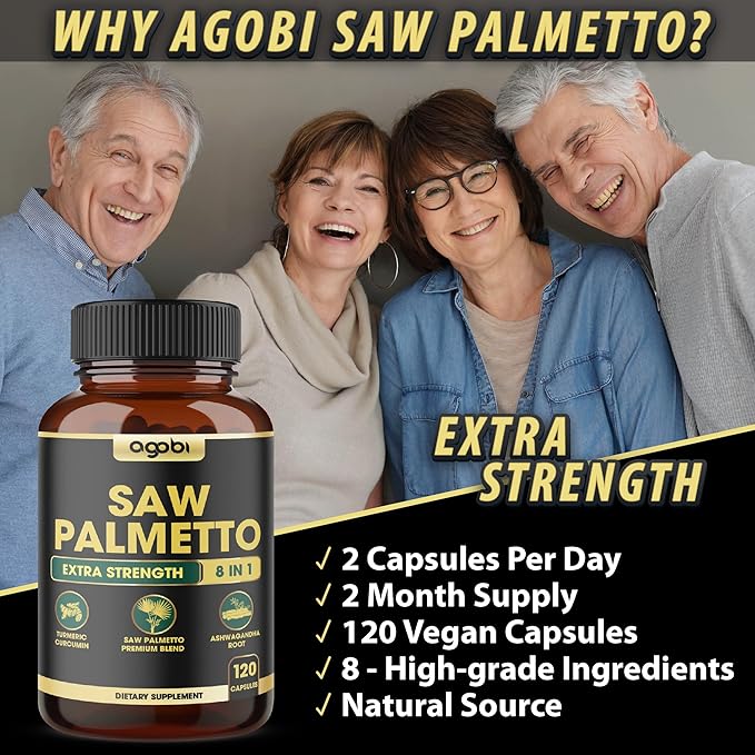 8in1 Saw Palmetto Prostate Support Supplement with Ashwagandha, Turmeric, Ginger, Nettle Leaf, Holy Basil & More - 120 Vegan Capsules for 2 Months