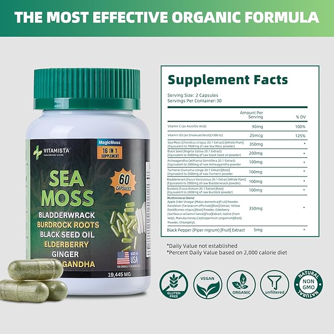 Sea Moss Capsules โ 16-in-1 Sea Moss Supplement with Bladderwrack, Burdock Root, Black Seed Oil, Ashwagandha โ Immune Support & Energy Booster โ 60 Vegan Capsules (19445mg)