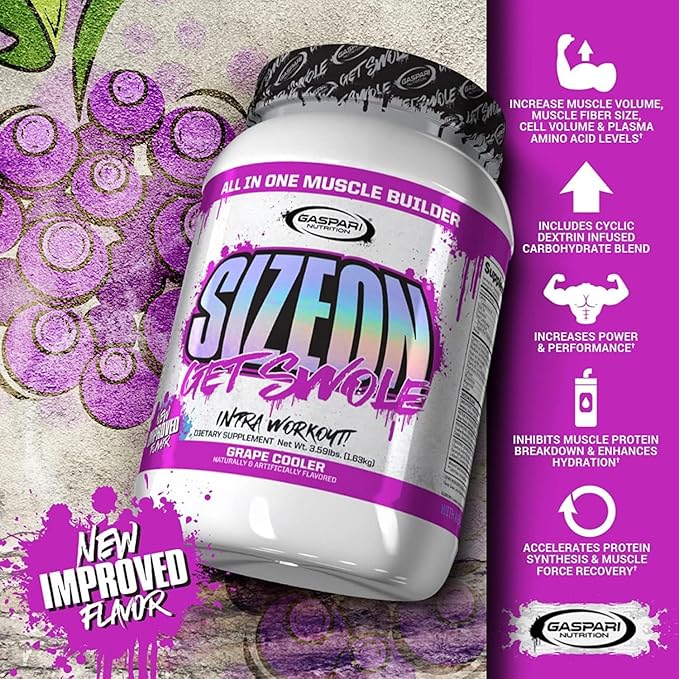 Gaspari Nutrition SizeOn, The Ultimate Hybrid Intra-Workout Amino Acid & Creatine Formula, Increased Muscle Volume & Muscle Recovery (Grape Cooler, 24 Servings)